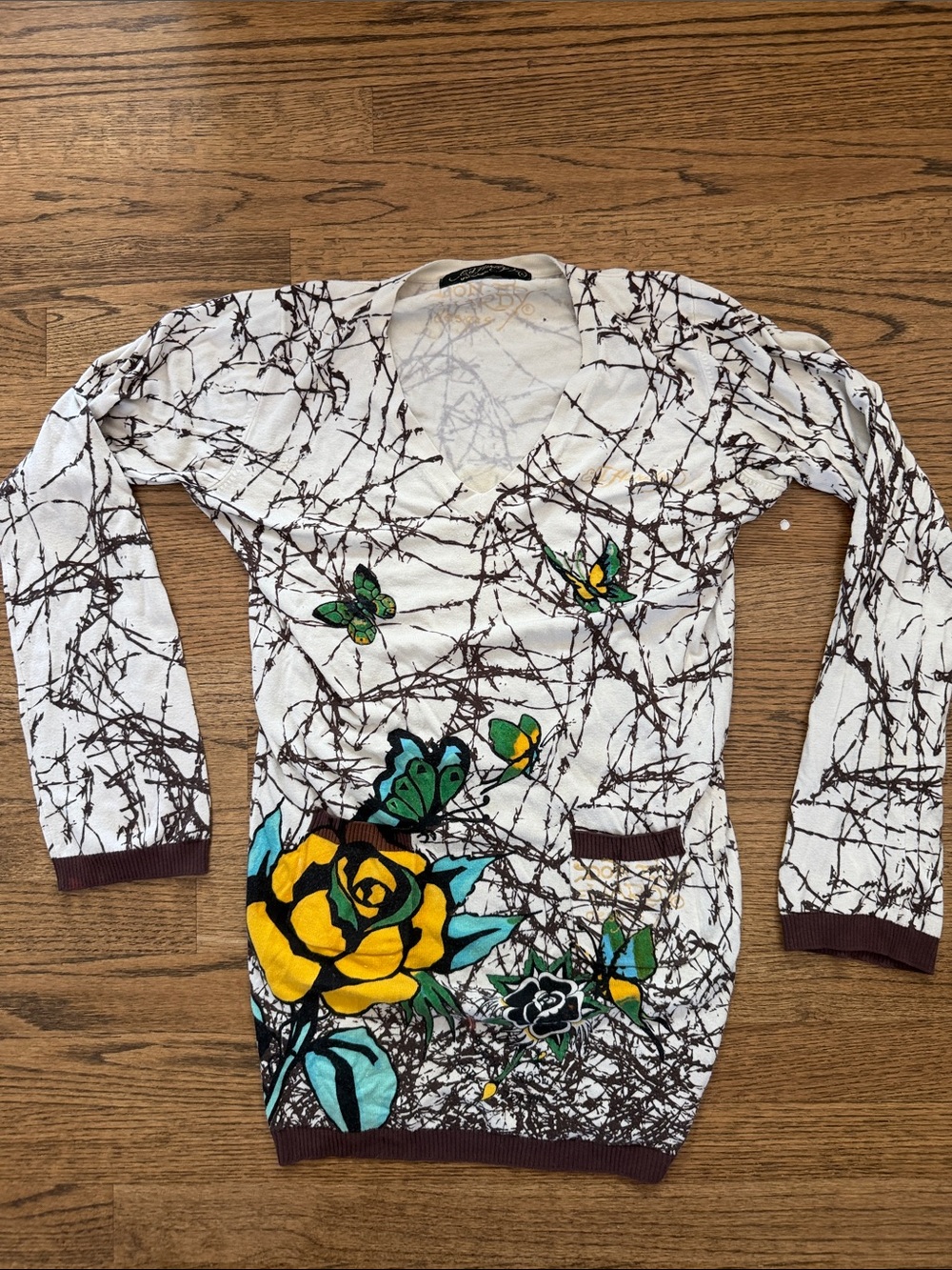 Ed Hardy White V-Neck Floral Butterfly Tunic with Yellow Rose + 2 front pockets